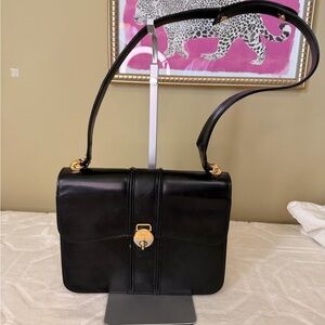 Vintage Gucci Black Leather Shoulder Bag with Gold Lock